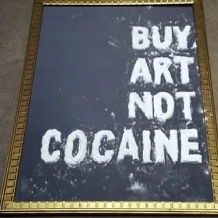 Gilt-framed canvas painted with the words Buy art not cocaine
