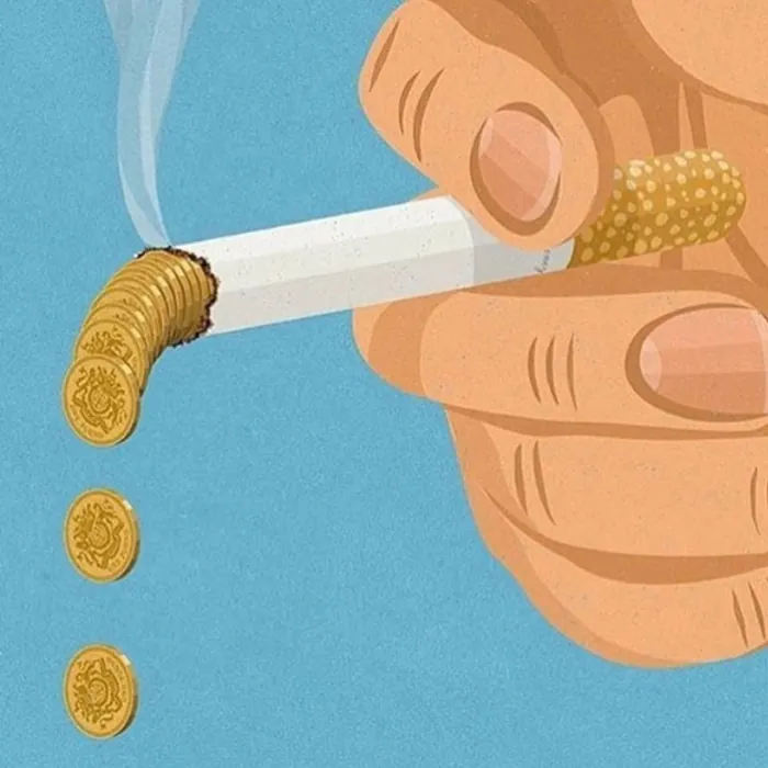 Illustrated hand holding a cigarette that drips gold coins
